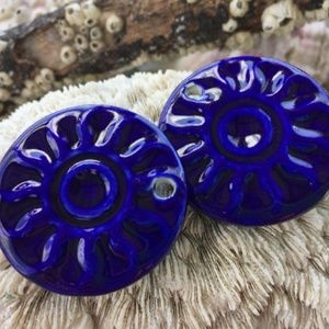 2 Porcelain Flat Royal Blue Round Glazed Pendants